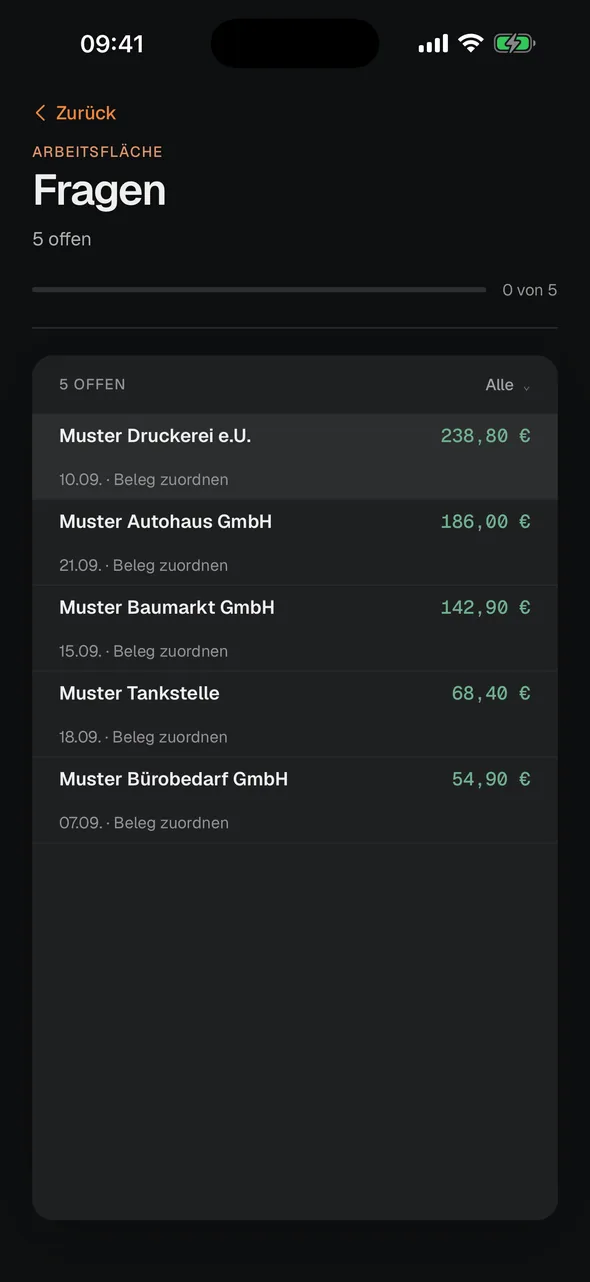 CynTax-App im dunklen Modus: offene Rückfragen zu Belegen
