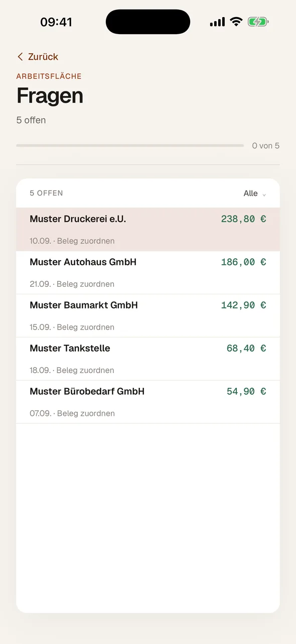 CynTax-App im hellen Modus: offene Rückfragen zu Belegen