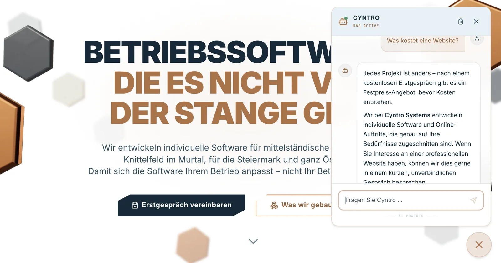 Der Chat auf cyntro.at beantwortet eine Frage zu Kosten und verweist auf das Erstgespräch